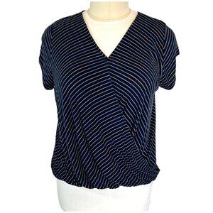 CJ Banks - Women's 1X Knit Top Ribbed Navy Blue Striped Balloon Hem Dolman